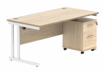 Straight Cantilever Desk & Pedestal Bundle | Desk 1600w x 800d | 2 Drawer Mobile Pedestal | Canadian Oak | White | Everyday VALUE