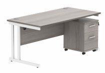 Straight Cantilever Desk & Pedestal Bundle | Desk 1600w x 800d | 2 Drawer Mobile Pedestal | Alaskan Grey Oak | White | Everyday VALUE