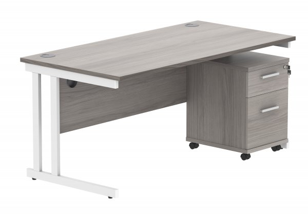 Straight Cantilever Desk & Pedestal Bundle | Desk 1600w x 800d | 2 Drawer Mobile Pedestal | Alaskan Grey Oak | White | Everyday VALUE