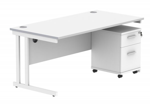 Straight Cantilever Desk & Pedestal Bundle | Desk 1600w x 800d | 2 Drawer Mobile Pedestal | Arctic White | White | Everyday VALUE