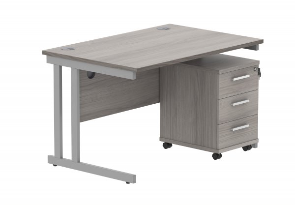 Straight Cantilever Desk & Pedestal Bundle | Desk 1200w x 800d | 3 Drawer Mobile Pedestal | Alaskan Grey Oak | Silver | Everyday VALUE