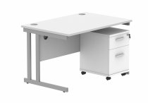 Straight Cantilever Desk & Pedestal Bundle | Desk 1200w x 800d | 3 Drawer Mobile Pedestal | Arctic White | Silver | Everyday VALUE