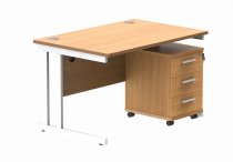 Straight Cantilever Desk & Pedestal Bundle | Desk 1200w x 800d | 3 Drawer Mobile Pedestal | Norweigan Beech | White | Everyday VALUE