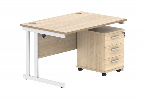 Straight Cantilever Desk & Pedestal Bundle | Desk 1200w x 800d | 3 Drawer Mobile Pedestal | Canadian Oak | White | Everyday VALUE