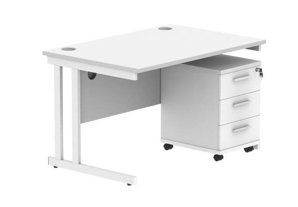 Straight Cantilever Desk & Pedestal Bundle | Desk 1200w x 800d | 3 Drawer Mobile Pedestal | Arctic White | White | Everyday VALUE