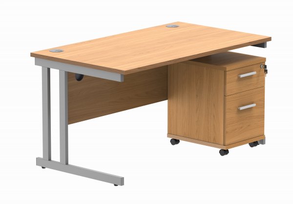 Straight Cantilever Desk & Pedestal Bundle | Desk 1400w x 800d | 3 Drawer Mobile Pedestal | Norweigan Beech | Silver | Everyday VALUE