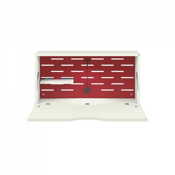 Wall Mounted Desk | 800 x 230mm | White Laminate | Cardinal Red Panel | Bisley Hideaway